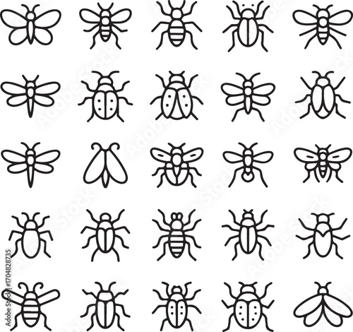 Collection of hand drawn insect silhouettes on white background
