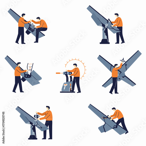 Engineers and technicians perform assembly and maintenance on advanced industrial equipment, showcasing innovation and technical work processes.