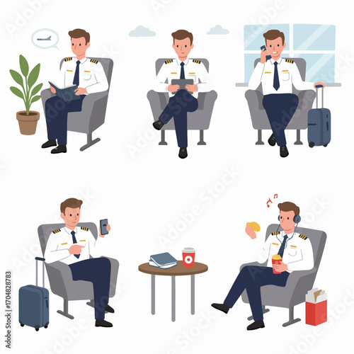 Professional airline pilot engaged in various leisure and relaxation activities during downtime, illustrating modern travel and work-life balance.