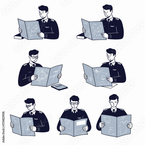 Collection of illustrations showing male pilots in uniform attentively studying aviation manuals and flight documents, emphasizing professional preparation.
