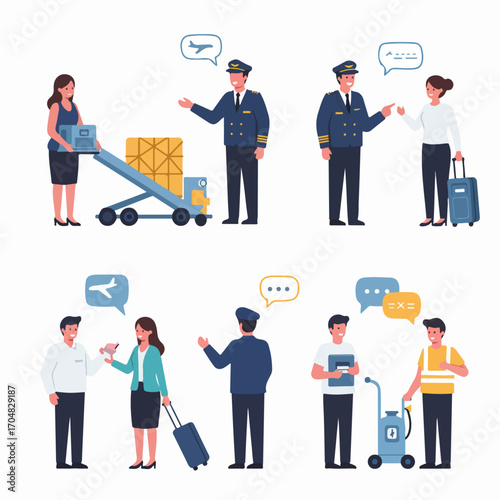 Airport operations and staff interacting with travelers and cargo, illustrating various roles in air travel and logistics.