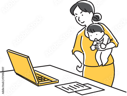 子供を抱いてノートパソコンを見つめる女性