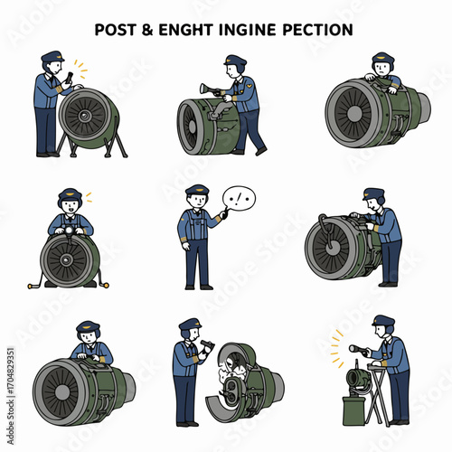 Aircraft engineers performing detailed jet engine inspections and maintenance tasks, illustrating the critical process of aviation upkeep and repair for safety.