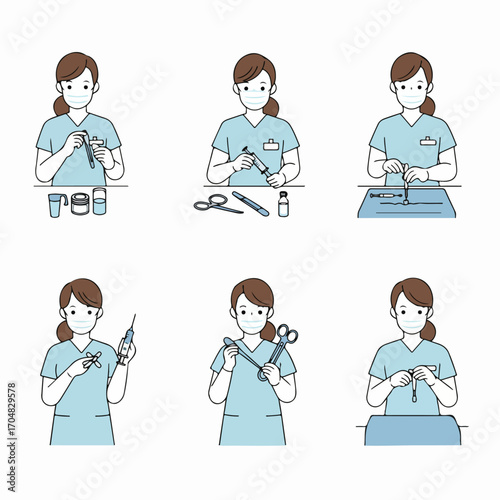 A series of illustrations depicting a masked healthcare worker in scrubs performing various medical preparations and handling instruments, including syringes, test tubes, and surgical tools.
