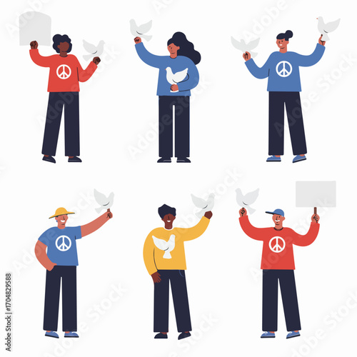 Diverse group of people holding peace doves and protest signs, advocating for global unity and anti-war sentiments, an illustration of hope and harmony.