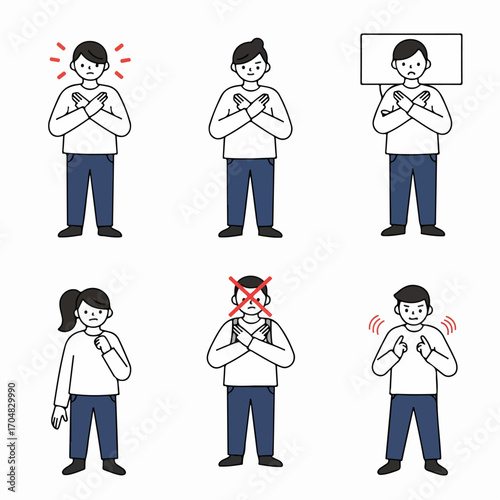 Cartoon characters illustrating self-identification, personal feelings, and reactions like assertion, stress, and denial with hand gestures.