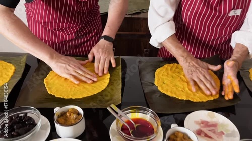 Spreading Masa on a Plantain Leaf for Venezuelan Hallacas
