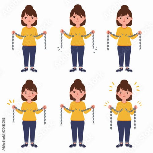 Young woman breaking a metal chain, symbolizing freedom, liberation, and overcoming personal obstacles and oppression.