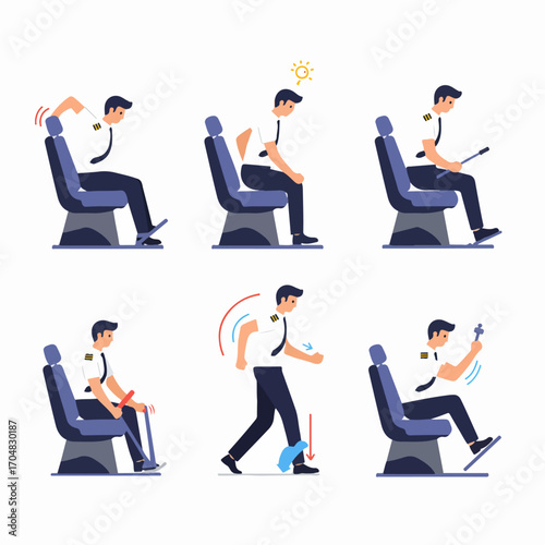 Pilot performing ergonomic exercises and stretches in a cockpit setting to maintain health, reduce fatigue, and promote well-being during long flights or duty periods.