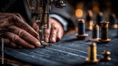 Master tailor's hands creating bespoke navy blue wool fabric on a vintage sewing machine, extreme close-up showing thimble, pins, chalk marks, and intricate texture in a warm atelier