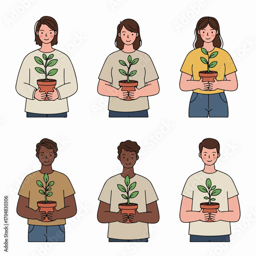 Diverse group of people holding potted plants, symbolizing environmental care, growth, and community sustainability in a friendly illustration.