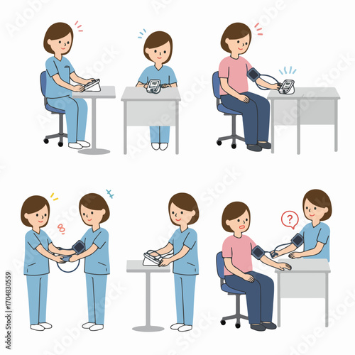 Illustrations of nurses and patients engaged in blood pressure measurement, depicting various scenarios of medical check-ups and routine health monitoring in a healthcare setting.