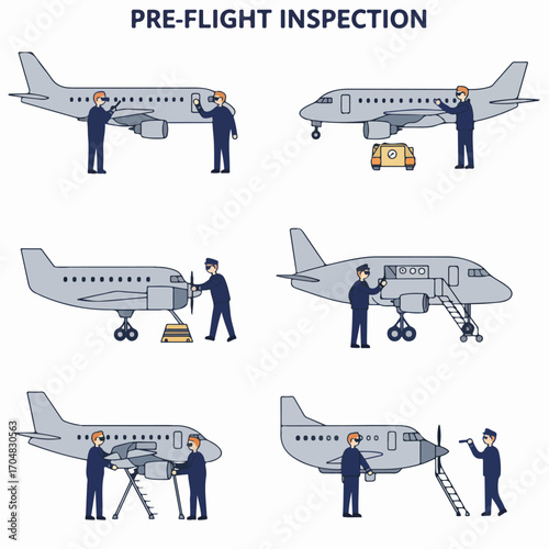 Pre-Flight Inspection: Aviation Ground Crew Mechanics Performing Comprehensive Aircraft Safety Checks and Maintenance Procedures, Vector Illustration.