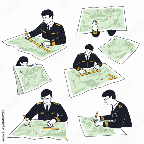 Illustrations of pilots and navigators meticulously planning flight routes on detailed maps, using navigation tools for aviation strategy and preparation.