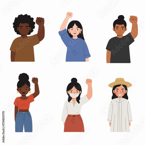 Diverse Group of People Raising Fists in Protest and Solidarity for Equality, Social Justice, and Empowerment: A Symbol of Unity and Human Rights Movement