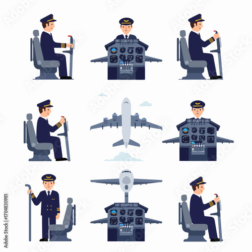 Flat design vector illustrations of pilots in uniform, operating airplane cockpits, and aircraft flying, representing aviation careers and air transport.