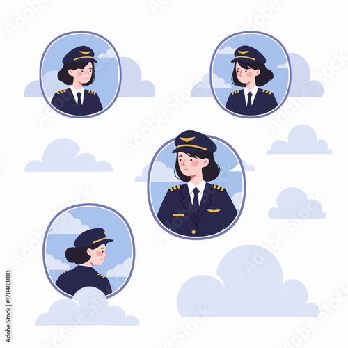 Set of illustrations depicting diverse female pilots in uniform, surrounded by clouds, symbolizing professional aviation careers and empowerment.