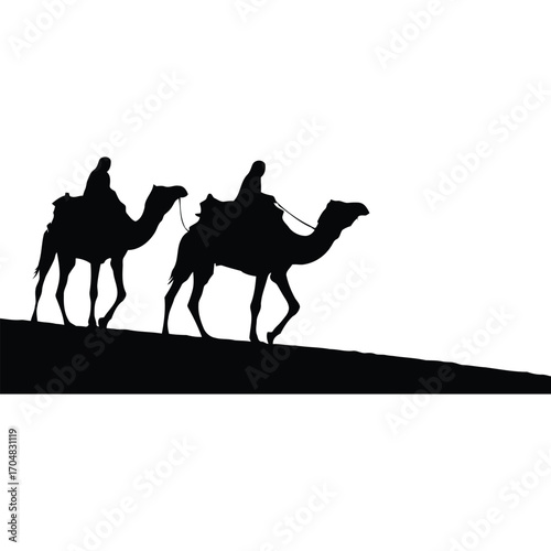 Vector art of two camels with riders walking in a desert landscape, isolated on a, representing travel and exploration