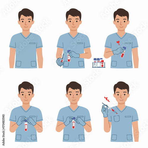 Male medical professional demonstrating the process of blood sample collection and laboratory handling, including syringes and test tubes for diagnostic testing and healthcare procedures.