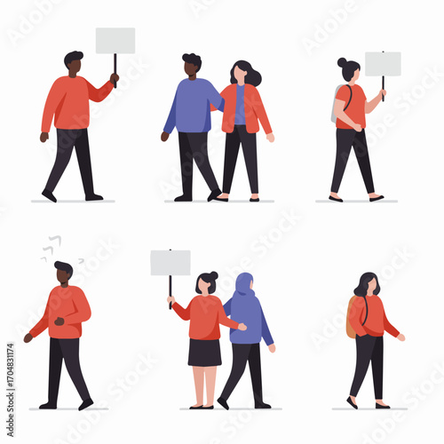 Diverse individuals and couples in flat vector style, walking and holding blank protest signs, symbolizing community, advocacy, and customizable messaging.