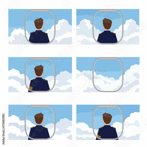 Aviation career progression and sky views from an airplane window, featuring pilots of varying ranks looking at clouds, flat vector illustration set.