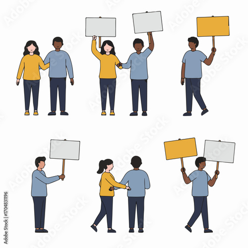 Diverse individuals and couples participating in protest demonstrations, holding blank and colored placards, symbolizing advocacy, freedom of speech, and social movement.