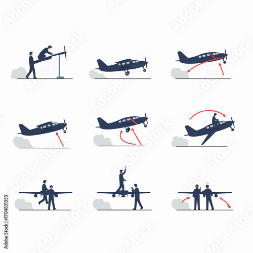 Illustrations showing humorous and absurd manual attempts to make an airplane fly, highlighting flawed problem-solving and unconventional approaches to aviation.