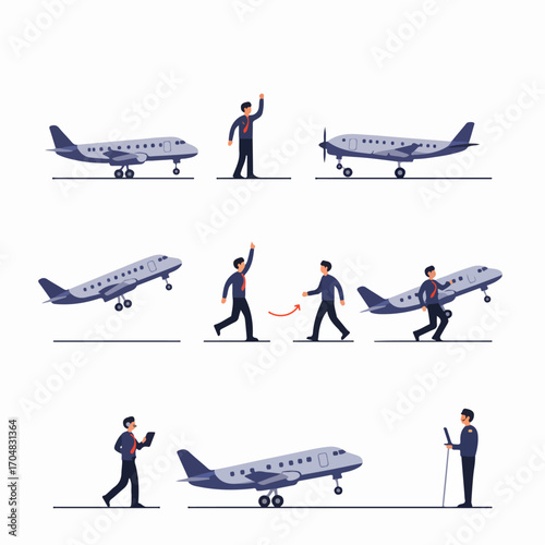 Airport operations and air travel concepts featuring airplanes, pilots, and ground crew in various stages of flight and service, on a white background.