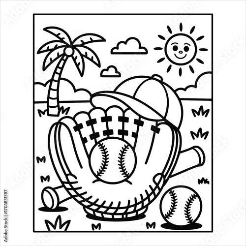 Baseball Coloring Page with Glove, Bat, Ball and Cap Outdoor Scene