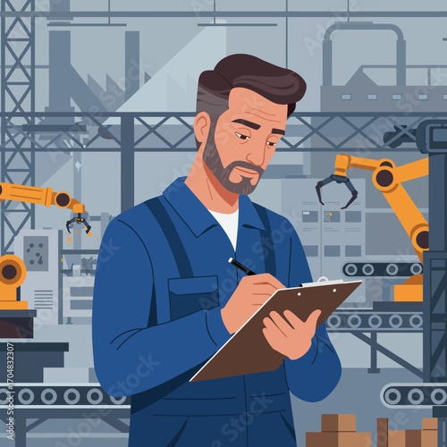 Man in blue overalls inspecting factory floor with robotic arms in the background