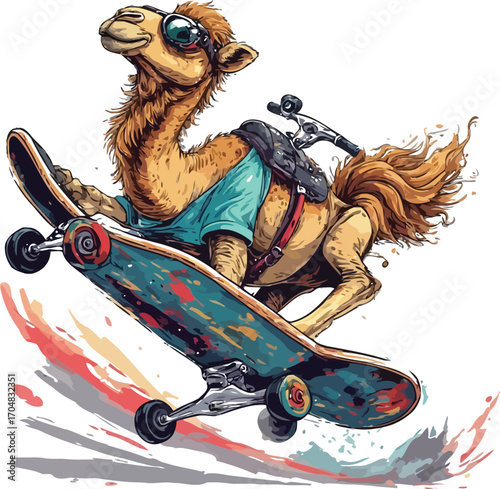Cool camel wearing sunglasses rides a skateboard with colorful splashes