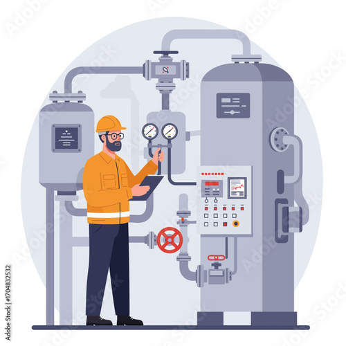 Industrial engineer checking equipment in a factory, a technician monitoring a complex system with pipes and pressure gauges for maintenance and safety