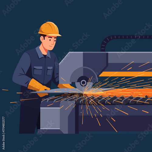 Professional industrial worker in a hard hat operating a powerful circular saw, skillfully cutting through metal with a shower of bright sparks