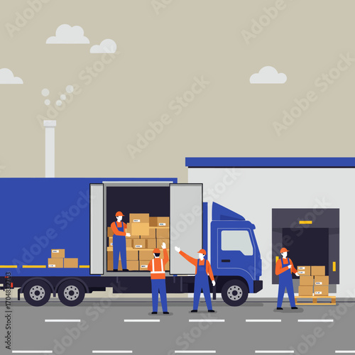 Warehouse workers in uniform loading cardboard boxes and packages into a large delivery truck at a loading dock for shipping and distribution