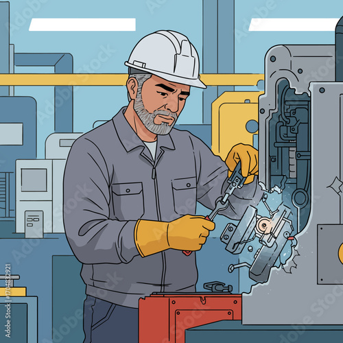 Skilled mechanic demonstrating precision and expertise while performing maintenance on a large industrial machine in a factory setting