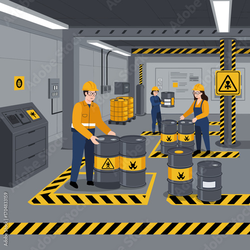 Industrial workers in protective safety gear handling barrels of hazardous biohazard and radioactive waste in a factory