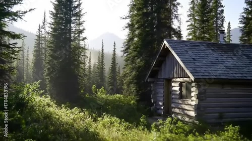 Rustic log cabin in a pine forest