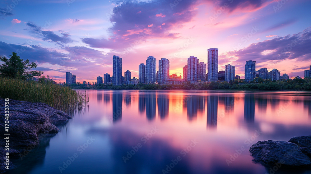 Fototapeta premium Vibrant City Skyline with Sunset Reflections on Water