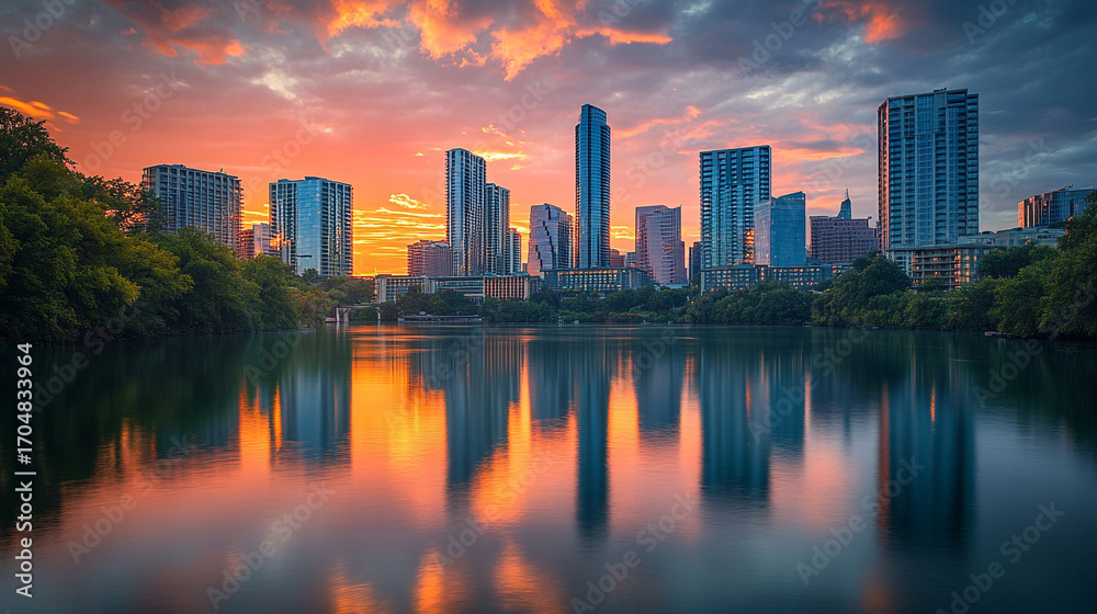 Fototapeta premium City Skyline Reflected in Lake at Sunset