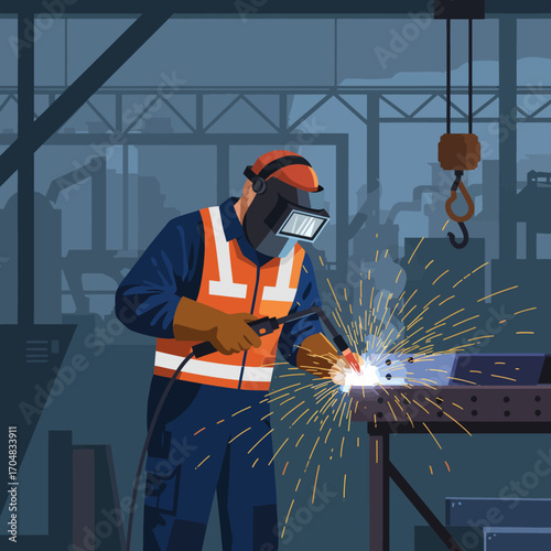 Skilled industrial worker safely performing welding operations in a manufacturing plant, showcasing professional craftsmanship and the sparks of metal fabrication