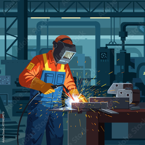 Skilled welder in a factory setting creating sparks and light with welding equipment