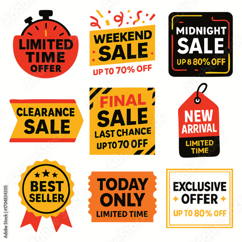 Sale Badges Limited Time Offers Weekend Midnight Sales.