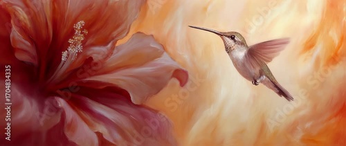 Hummingbird's Dance: A Gentle Flight Among Hibiscus in Painterly Animation style