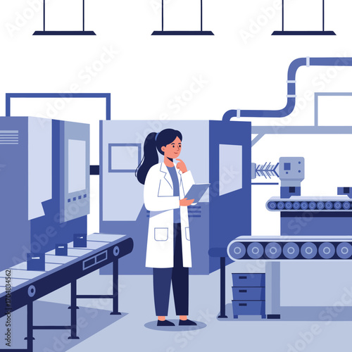 Scientist inspecting industrial equipment in a manufacturing facility, production line, quality control