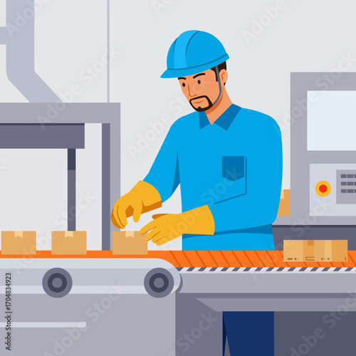 Factory Worker on Assembly Line Packaging Products