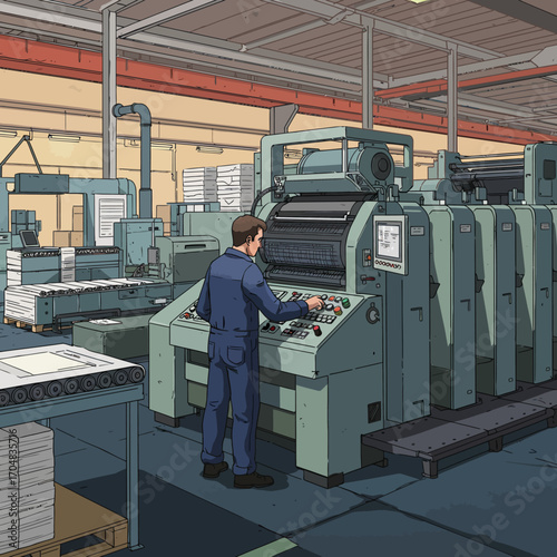 A detailed illustration of a print worker operating a large offset printing press in an industrial factory setting, showcasing the manufacturing process