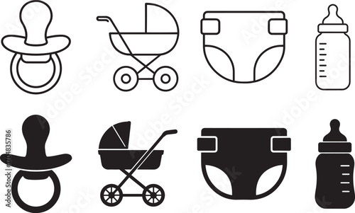 Baby symbol bundle in flat black silhouette vector illustration set for childcare and family design
