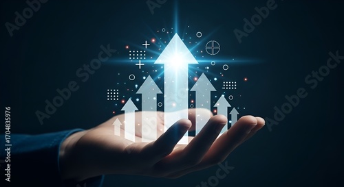 Stunning upward arrows symbolizing growth and success held within a professional hand