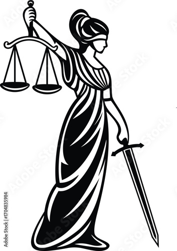 Lady Justice silhouette vector illustration, Themis with scales and sword, law and fairness symbol, legal balance, court and justice concept designs