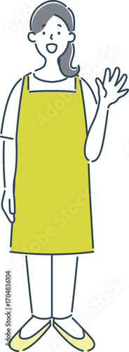笑顔で手を振る女性保育士のシンプルな線画イラスト素材